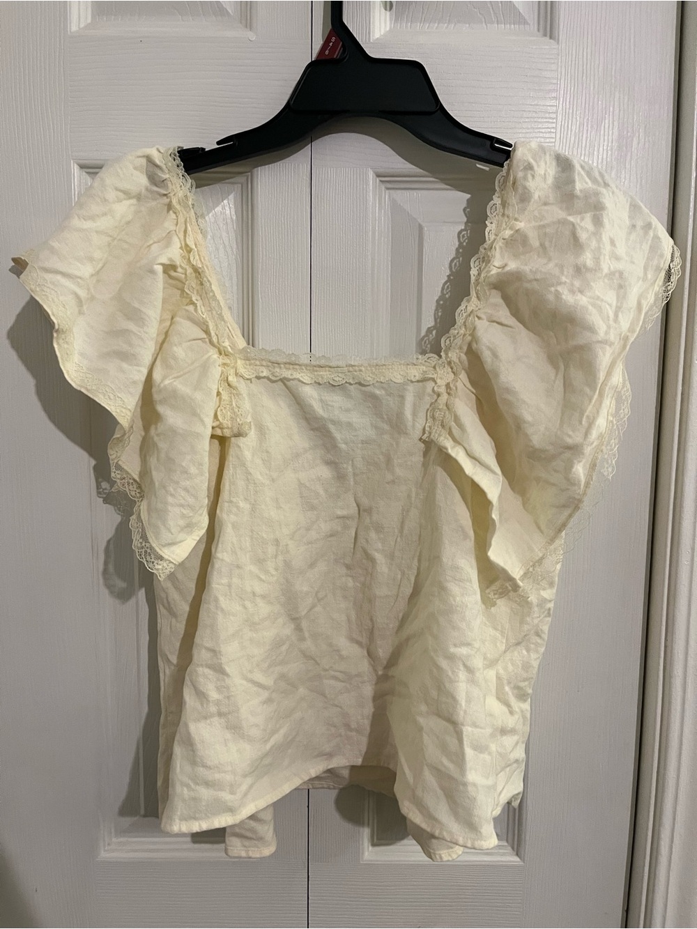 Zara brand new Cream linen blend Ruffle Lace-Trim Scoop Neck Top - Picture 5 of 5